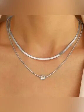 14K Silver Plated 2pc Herringbone CZ Necklace Set